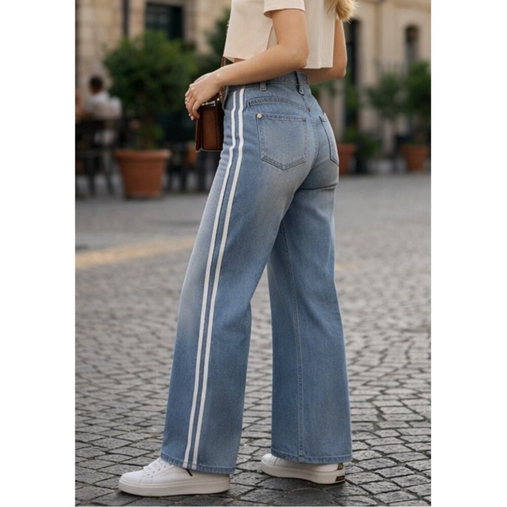 Halara Flex High Waisted Stripe Wide Leg Jeans Light Blue Wash XS Regular